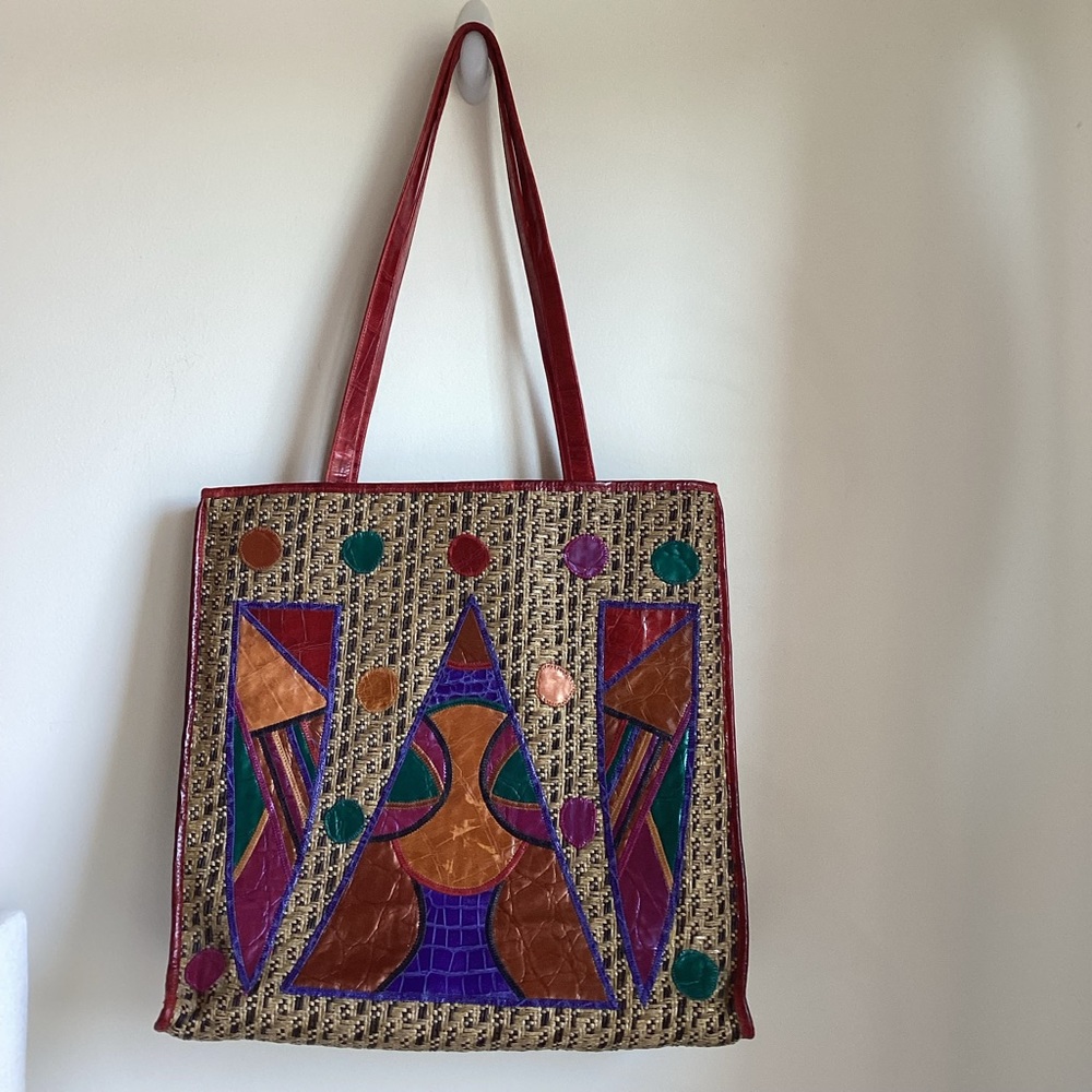 Carlos Falchi Tote Bag Woven Leather Geometric Design Pop Art Streetwear USA